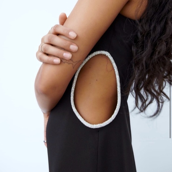 Size M or XXL | Zara | Asymmetrical Rhinestone Cut-Out Midi Dress One-Shoulder - Picture 4 of 12